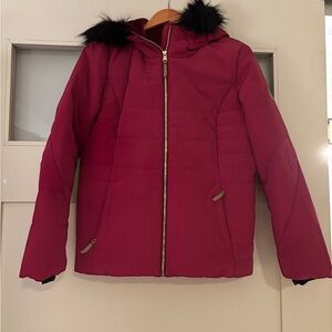 Women’s Obermeyer Ski Coat, raspberry color, with black fur trimmed hood